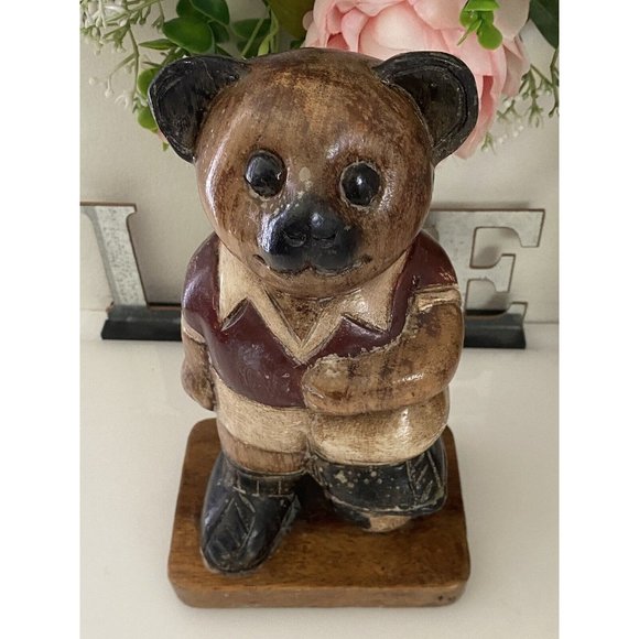 Vintage Wooden Bear Statue Large 10" Soccer Teddy Bear Kids Room Decor Figurine - Picture 10 of 16
